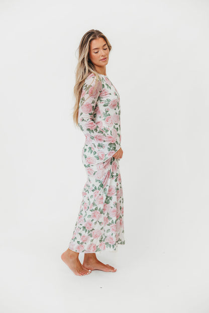 Leeland Floral Print Bell Sleeve Maxi Dress in Light Pink