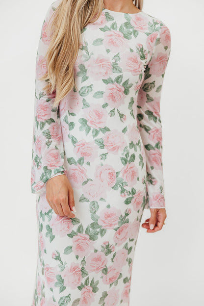 Leeland Floral Print Bell Sleeve Maxi Dress in Light Pink