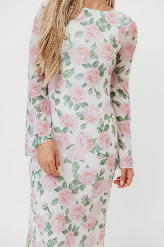 Leeland Floral Print Bell Sleeve Maxi Dress in Light Pink