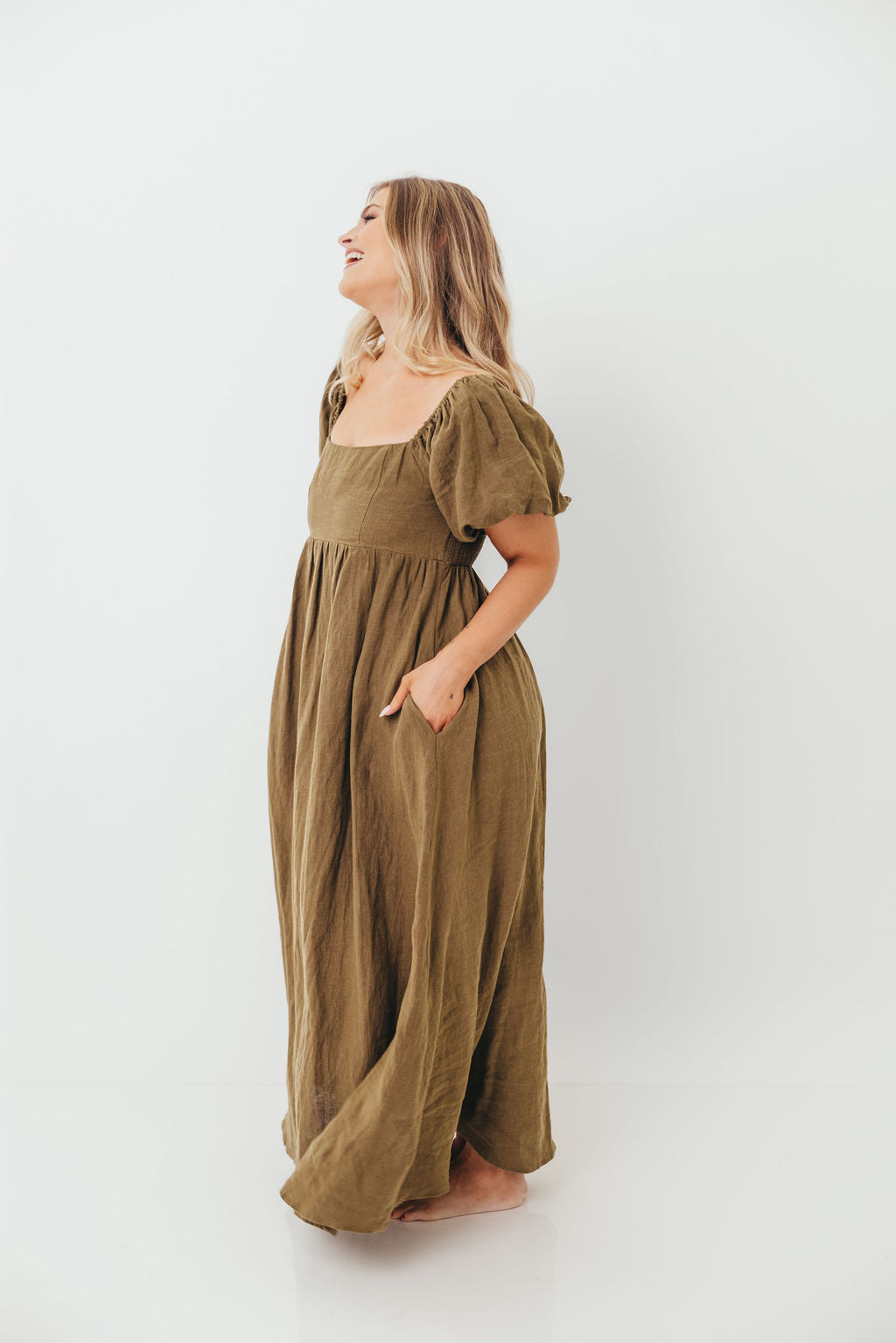 Candace Woven Linen Maxi Dress in Dark Olive - Bump Friendly