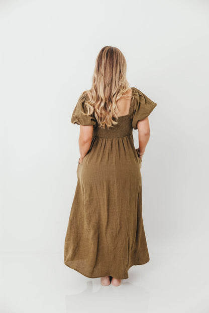 Candace Woven Linen Maxi Dress in Dark Olive - Bump Friendly