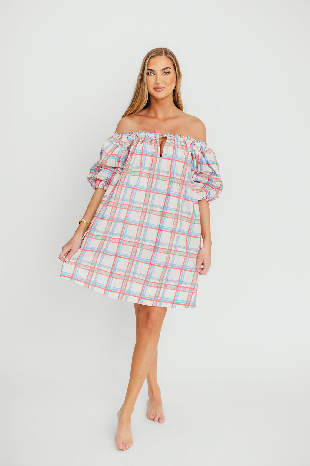 Inaya 100% Cotton Puff Sleeve Babydoll Mini Dress in Blue Multi