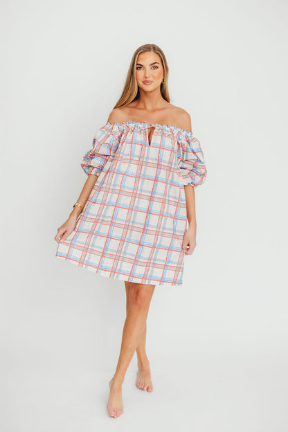 Inaya 100% Cotton Puff Sleeve Babydoll Mini Dress in Blue Multi