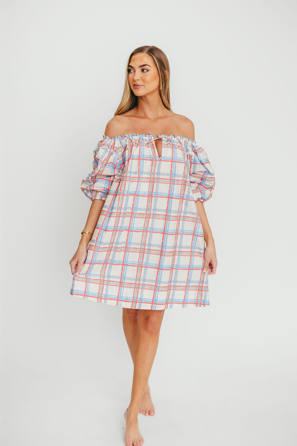 Inaya 100% Cotton Puff Sleeve Babydoll Mini Dress in Blue Multi