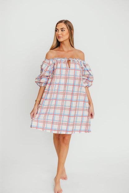 Inaya 100% Cotton Puff Sleeve Babydoll Mini Dress in Blue Multi
