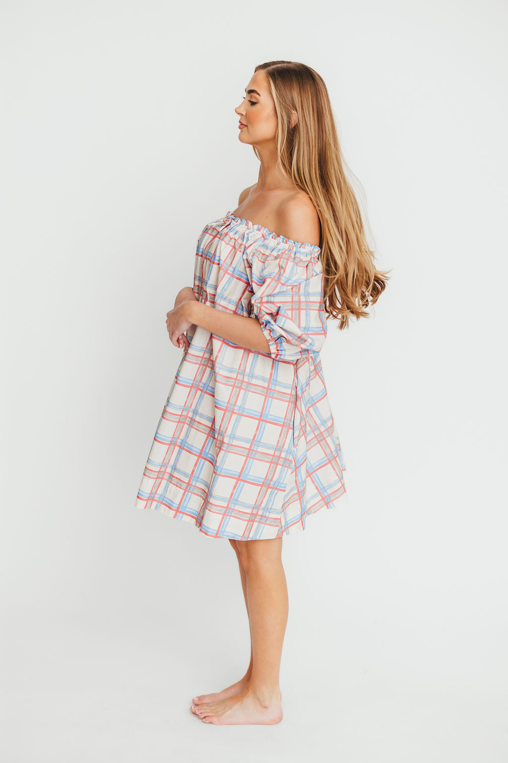 Inaya 100% Cotton Puff Sleeve Babydoll Mini Dress in Blue Multi