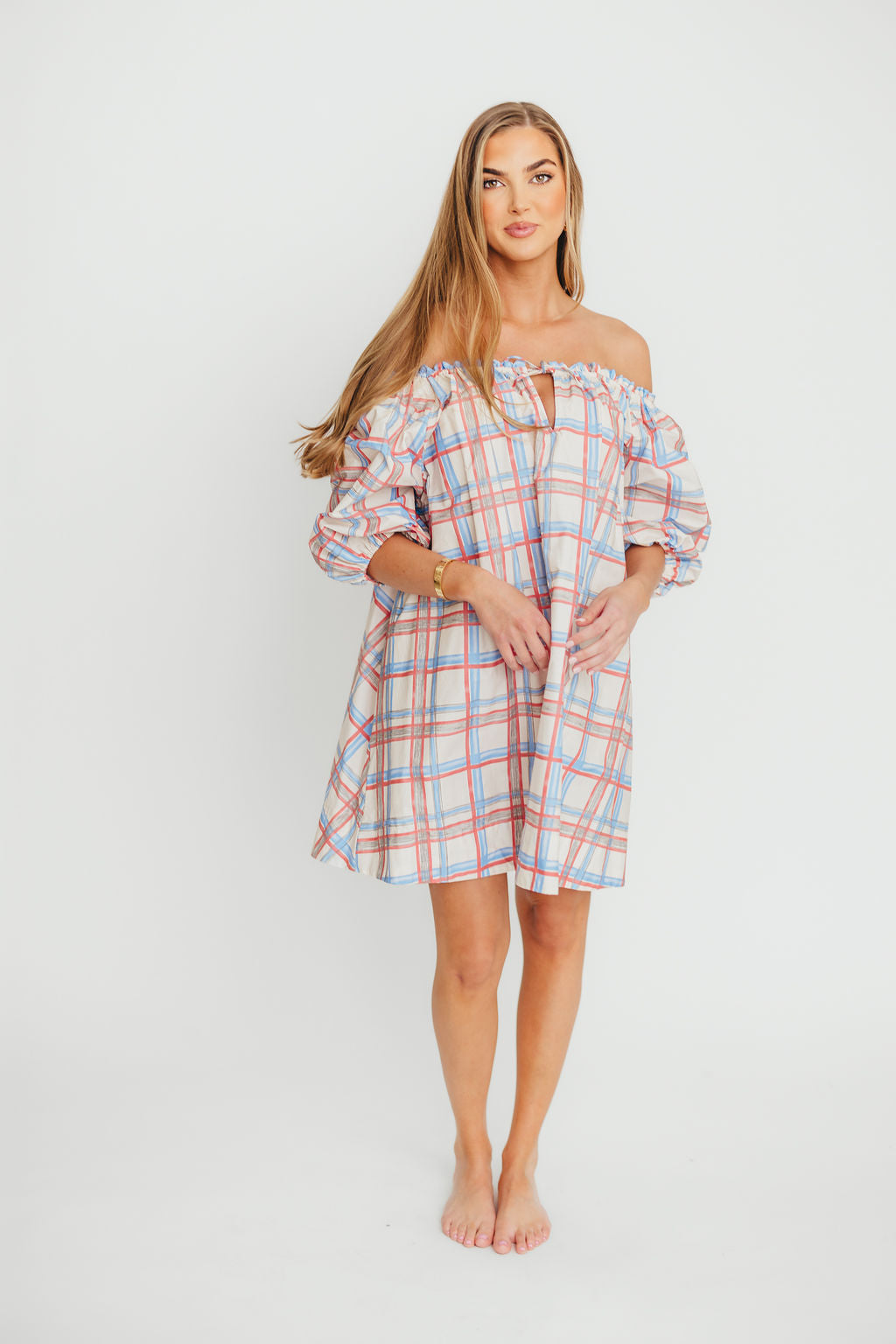 Inaya 100% Cotton Puff Sleeve Babydoll Mini Dress in Blue Multi