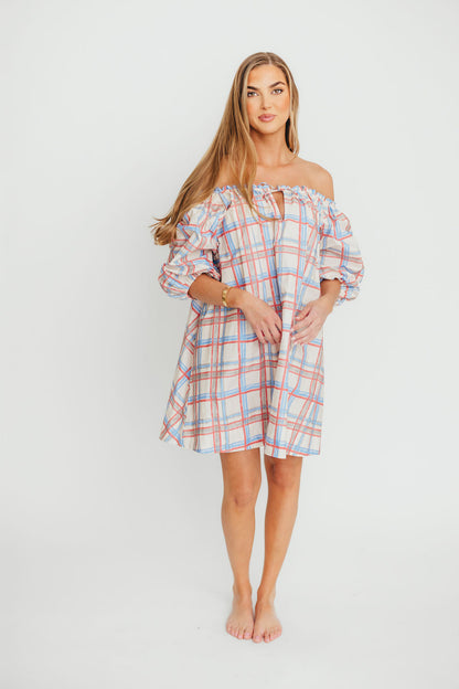 Inaya 100% Cotton Puff Sleeve Babydoll Mini Dress in Blue Multi