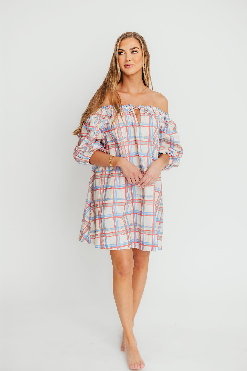 Inaya 100% Cotton Puff Sleeve Babydoll Mini Dress in Blue Multi