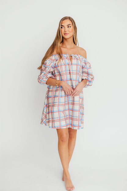 Inaya 100% Cotton Puff Sleeve Babydoll Mini Dress in Blue Multi