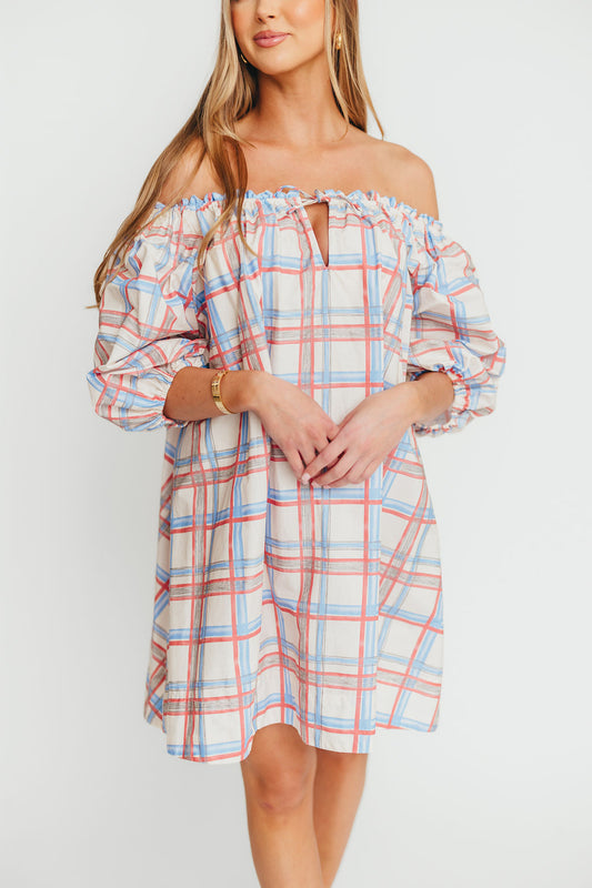 Inaya 100% Cotton Puff Sleeve Babydoll Mini Dress in Blue Multi