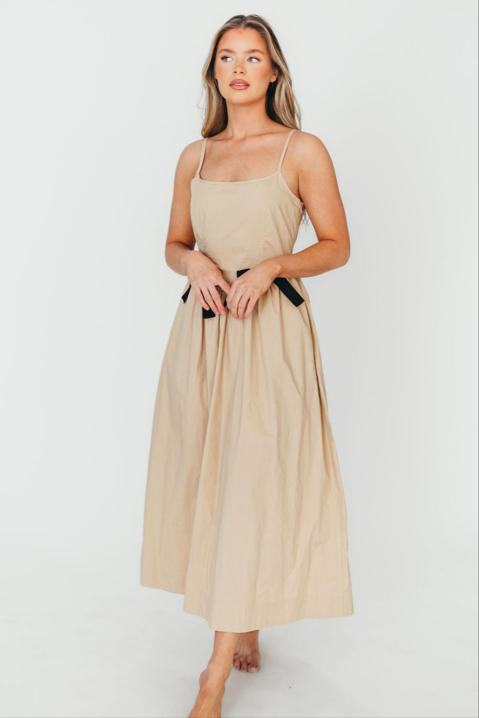 Celeste Square Neck Midi Dress with Bow Detail in Khaki