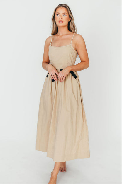 Celeste Square Neck Midi Dress with Bow Detail in Khaki