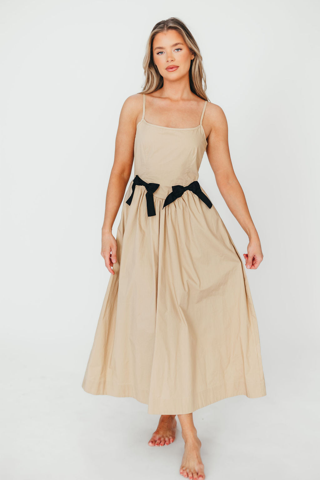Celeste Square Neck Midi Dress with Bow Detail in Khaki