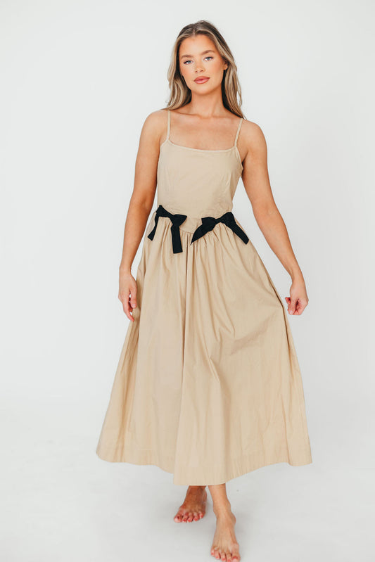Celeste Square Neck Midi Dress with Bow Detail in Khaki