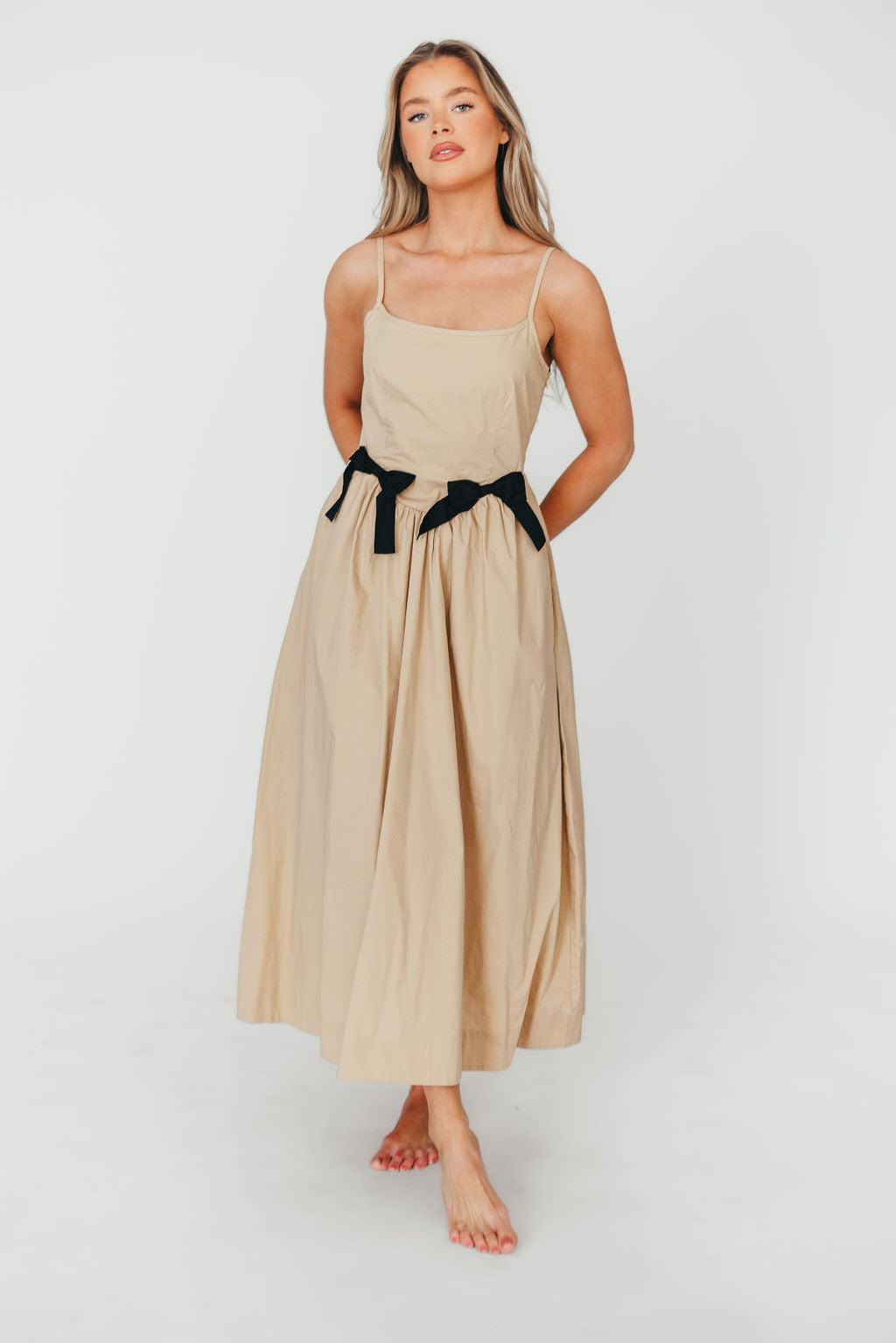Celeste Square Neck Midi Dress with Bow Detail in Khaki