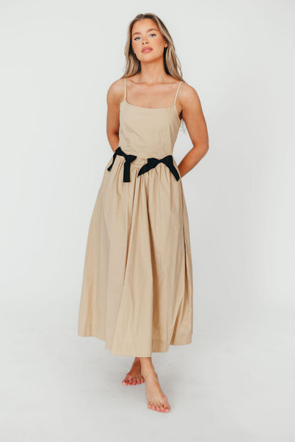 Celeste Square Neck Midi Dress with Bow Detail in Khaki