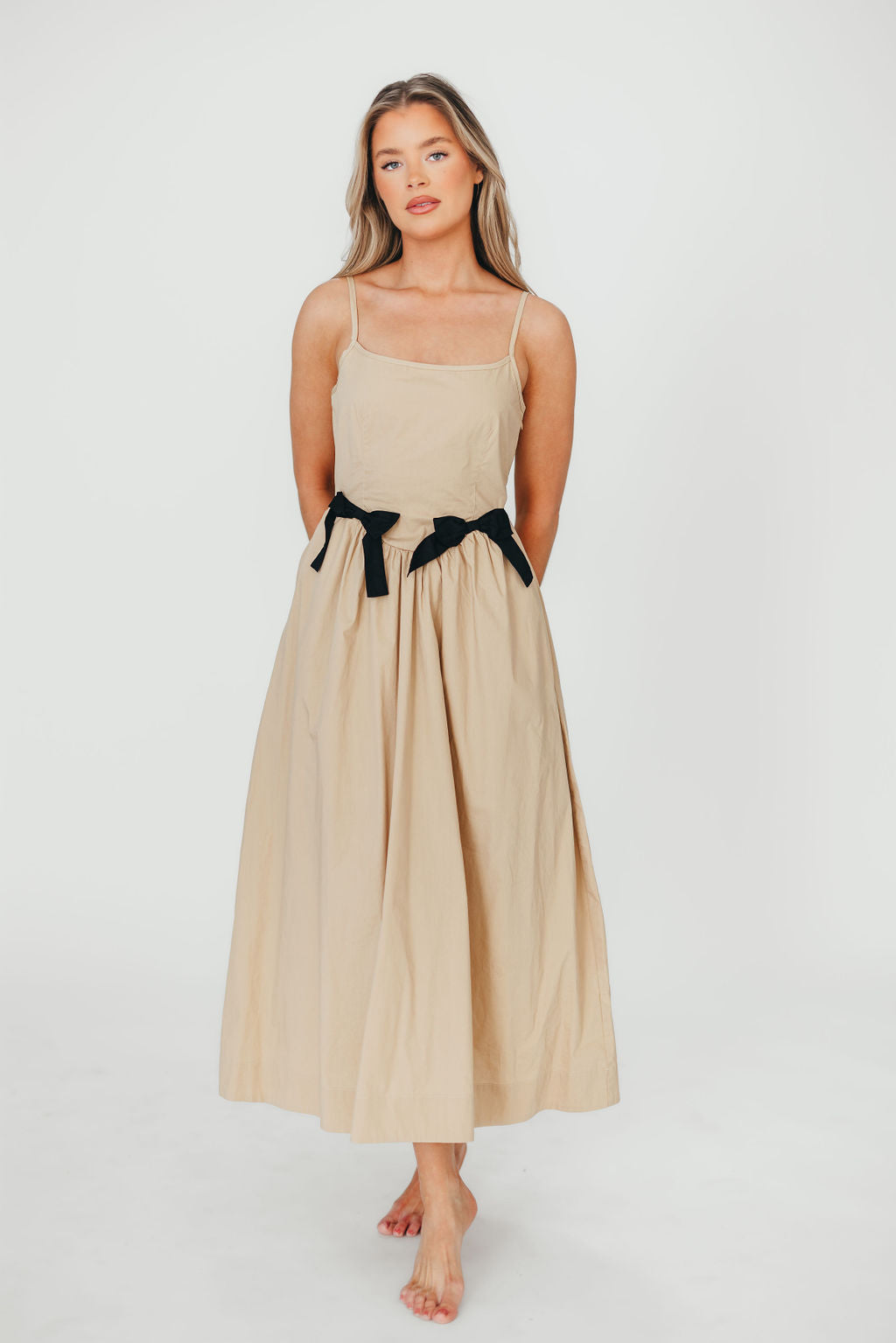Celeste Square Neck Midi Dress with Bow Detail in Khaki