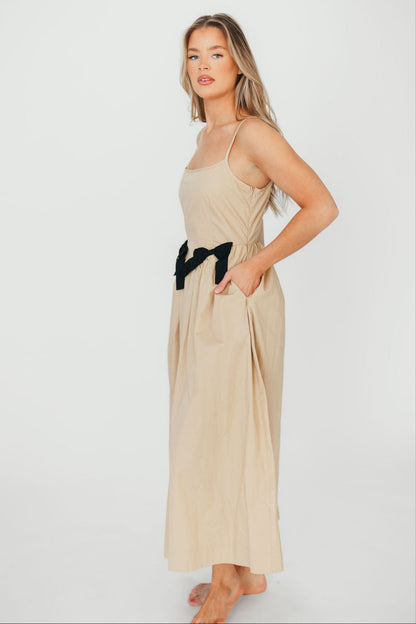 Celeste Square Neck Midi Dress with Bow Detail in Khaki