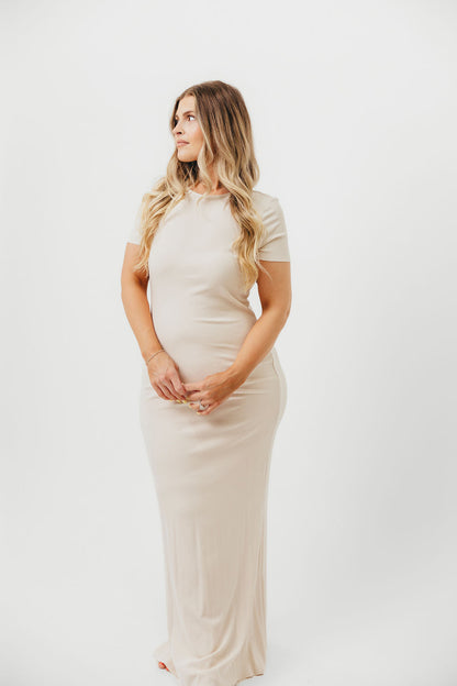 The Charlie Ribbed Maxi Dress in Light Peach - Bump Friendly