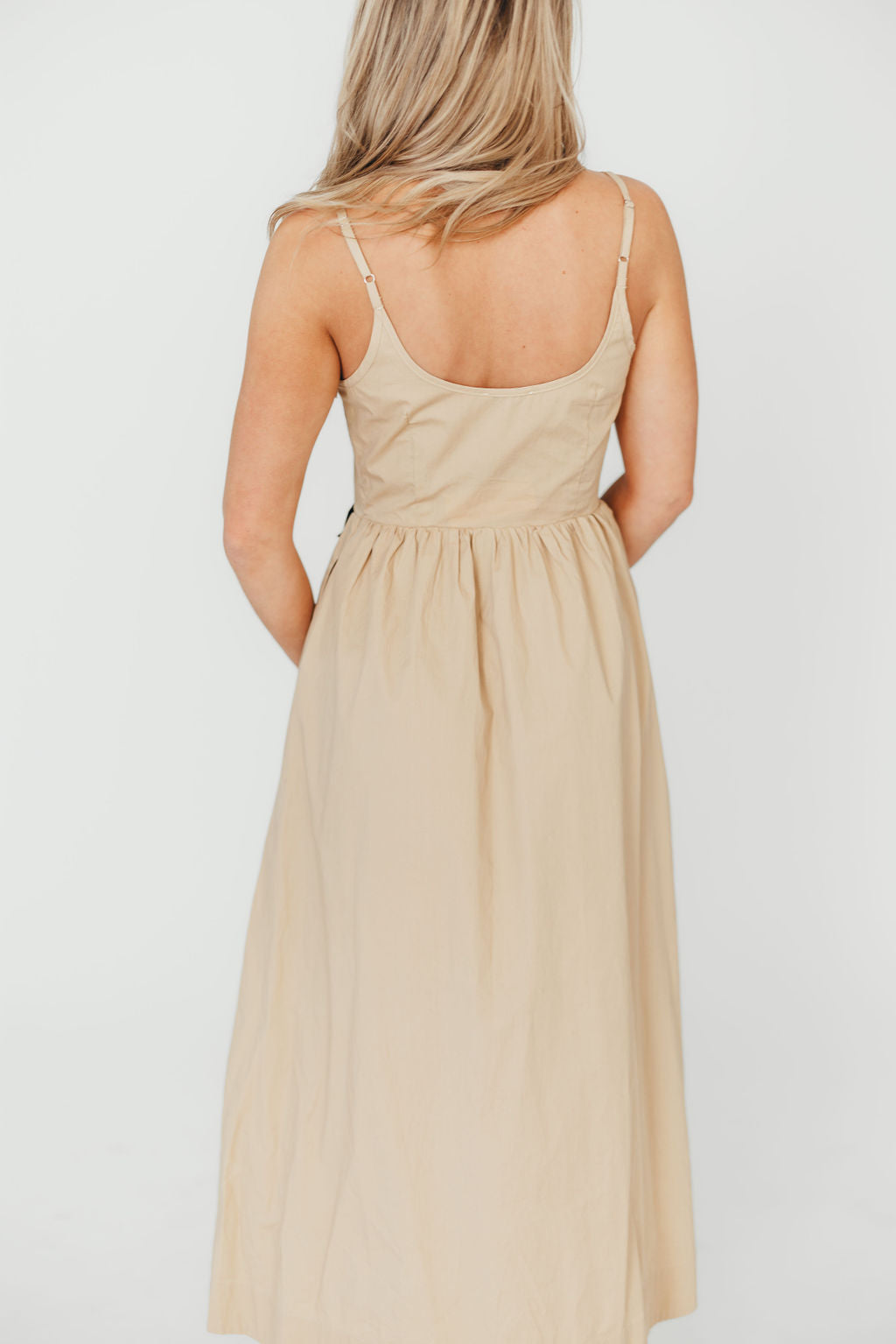 Celeste Square Neck Midi Dress with Bow Detail in Khaki