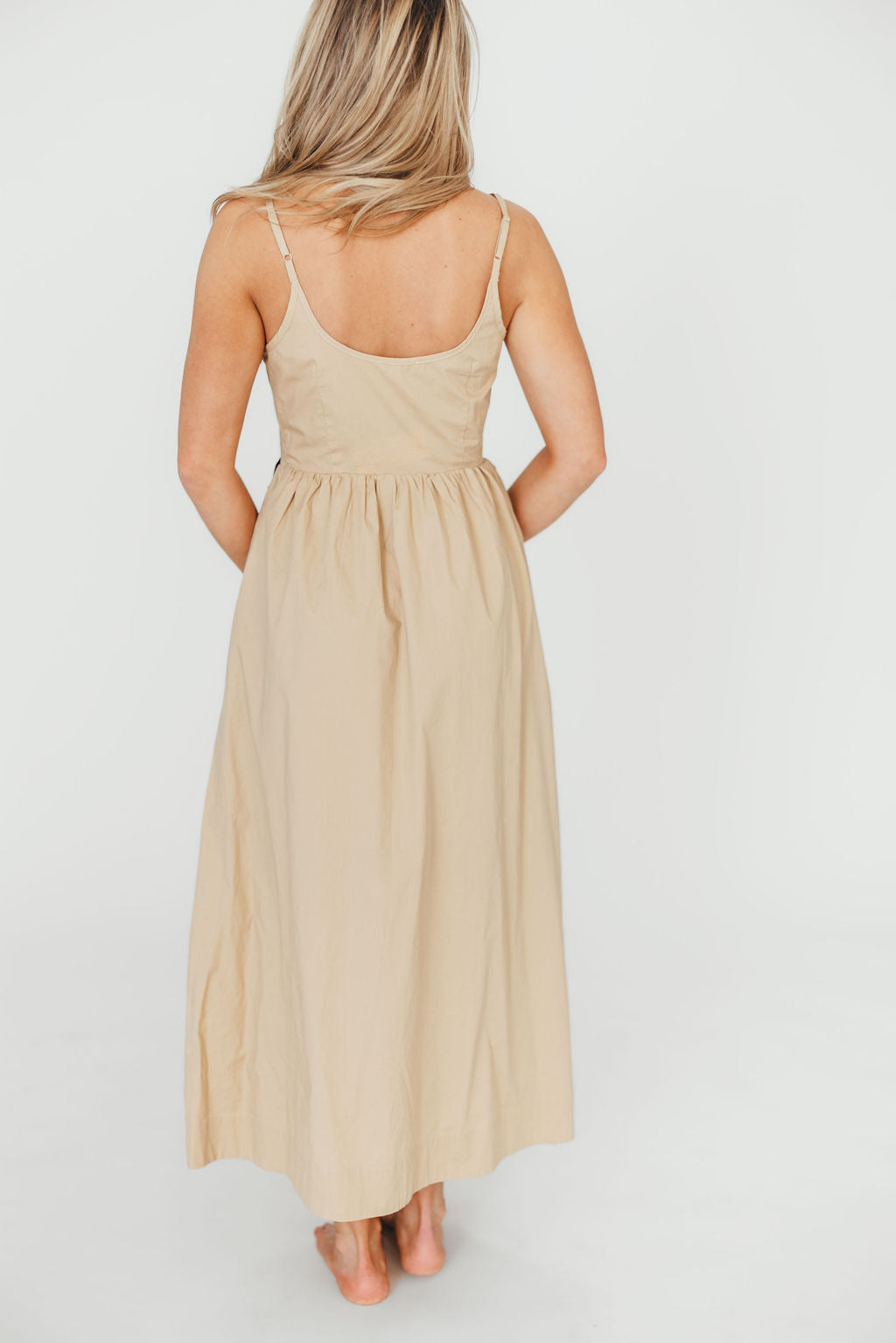 Celeste Square Neck Midi Dress with Bow Detail in Khaki