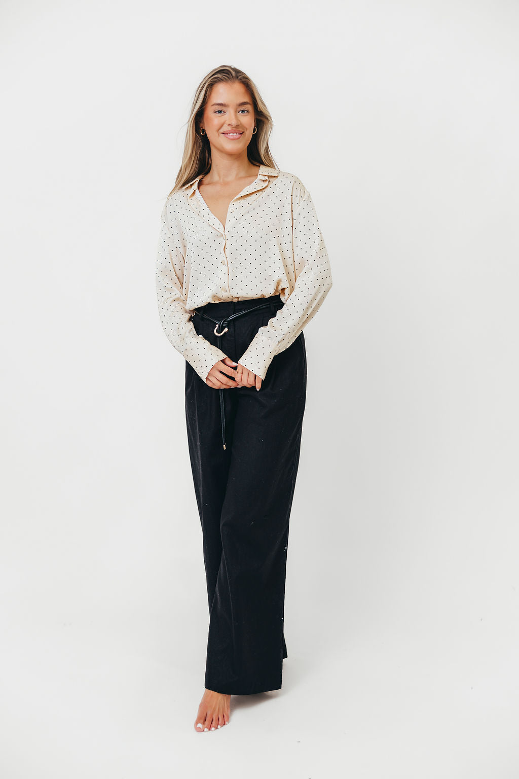 Raven Wide-Leg Tailored Trousers with Gold Accent Belt in Black
