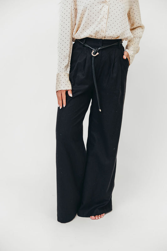 Raven Wide-Leg Tailored Trousers with Gold Accent Belt in Black