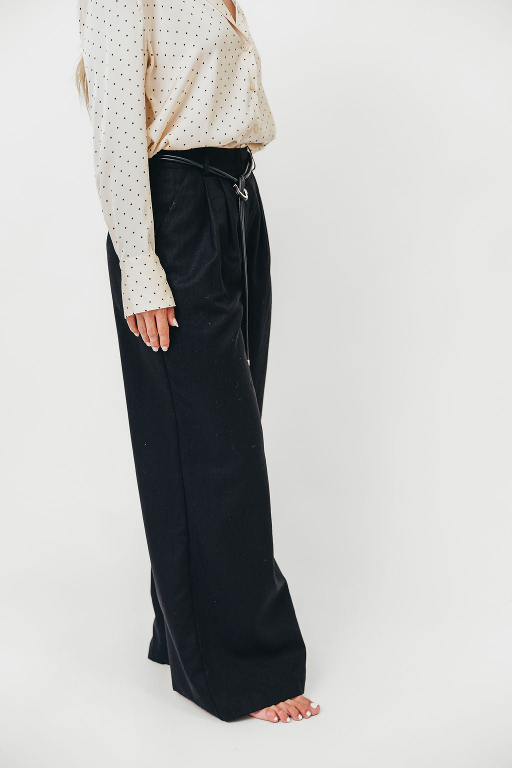 Raven Wide-Leg Tailored Trousers with Gold Accent Belt in Black