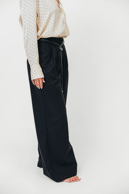 Raven Wide-Leg Tailored Trousers with Gold Accent Belt in Black