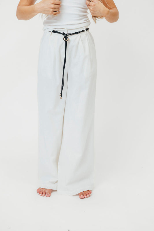 Raven Wide-Leg Tailored Trousers with Gold Accent Belt in White
