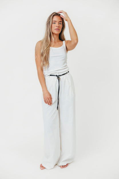 Raven Wide-Leg Tailored Trousers with Gold Accent Belt in White