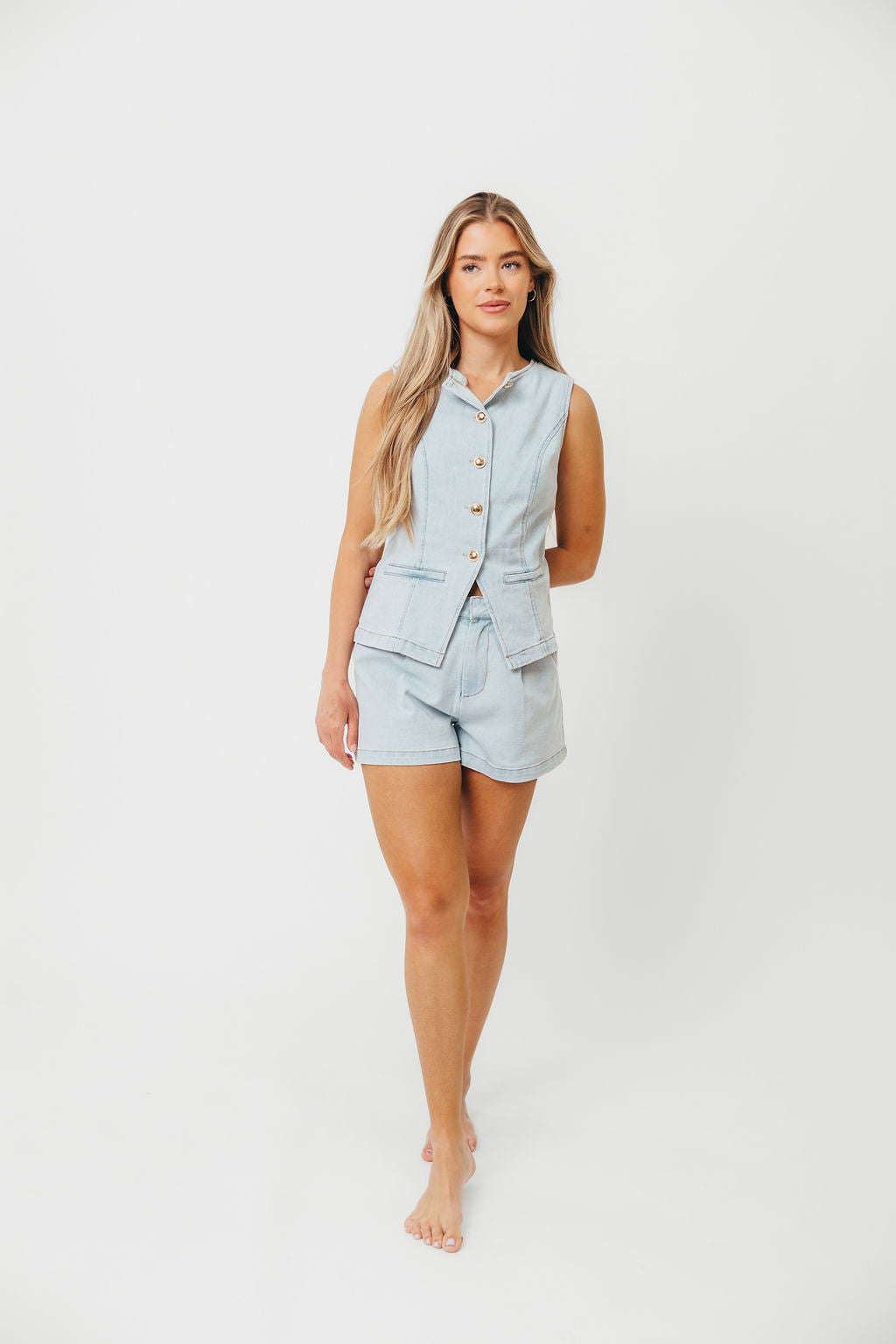 Jayne Button Down Sleeveless Vest and Paperbag Shorts Set in Light Denim