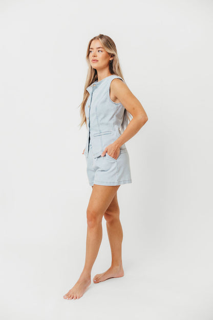 Jayne Button Down Sleeveless Vest and Paperbag Shorts Set in Light Denim