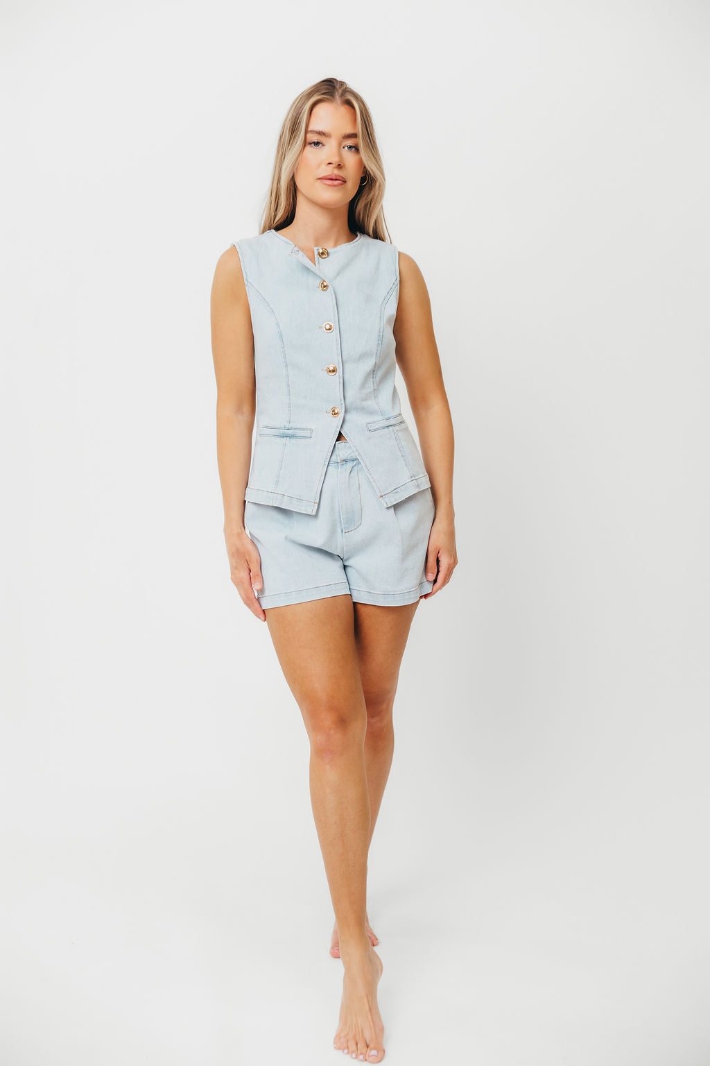 Jayne Button Down Sleeveless Vest and Paperbag Shorts Set in Light Denim