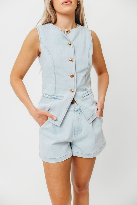 Jayne Button Down Sleeveless Vest and Paperbag Shorts Set in Light Denim