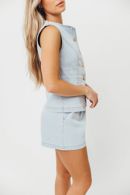 Jayne Button Down Sleeveless Vest and Paperbag Shorts Set in Light Denim