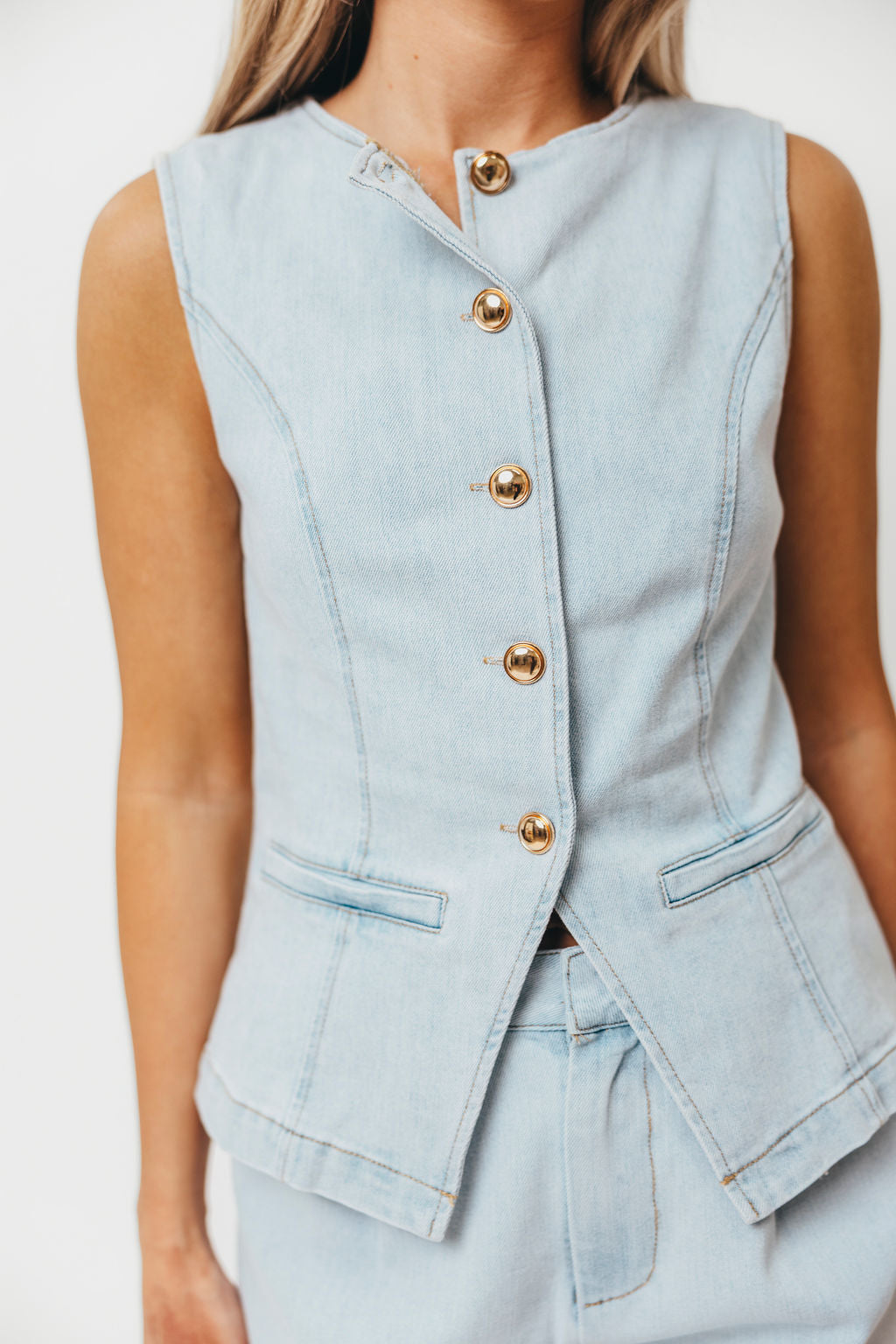 Jayne Button Down Sleeveless Vest and Paperbag Shorts Set in Light Denim
