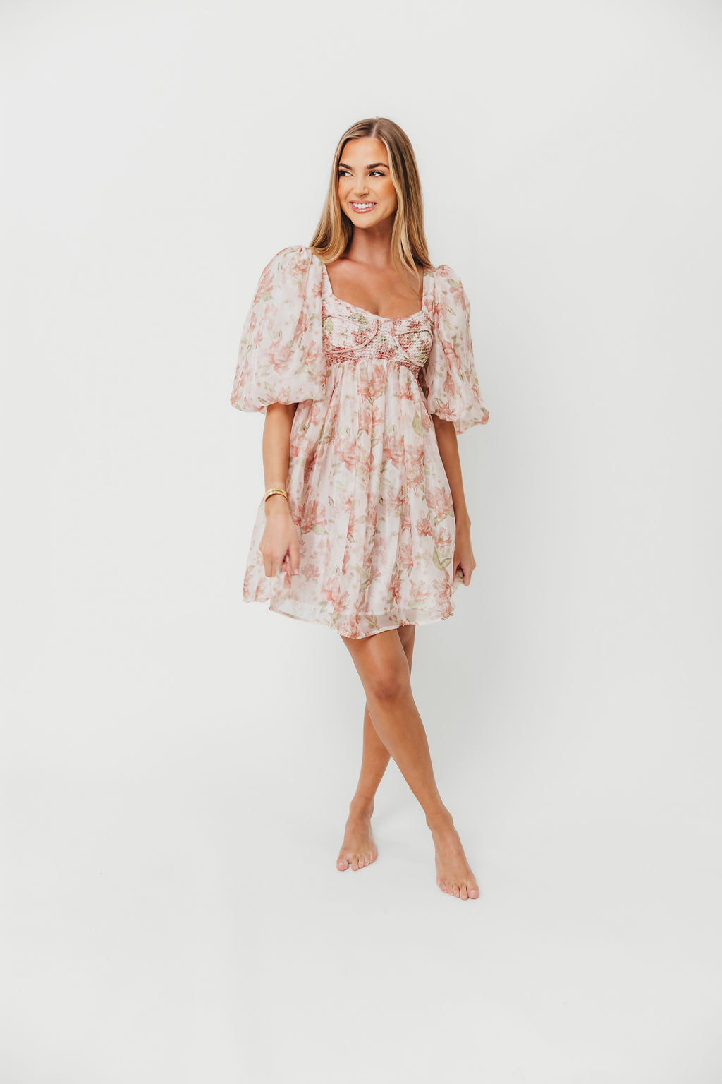 Saint Malo Floral Smocked Mini Dress in Peach