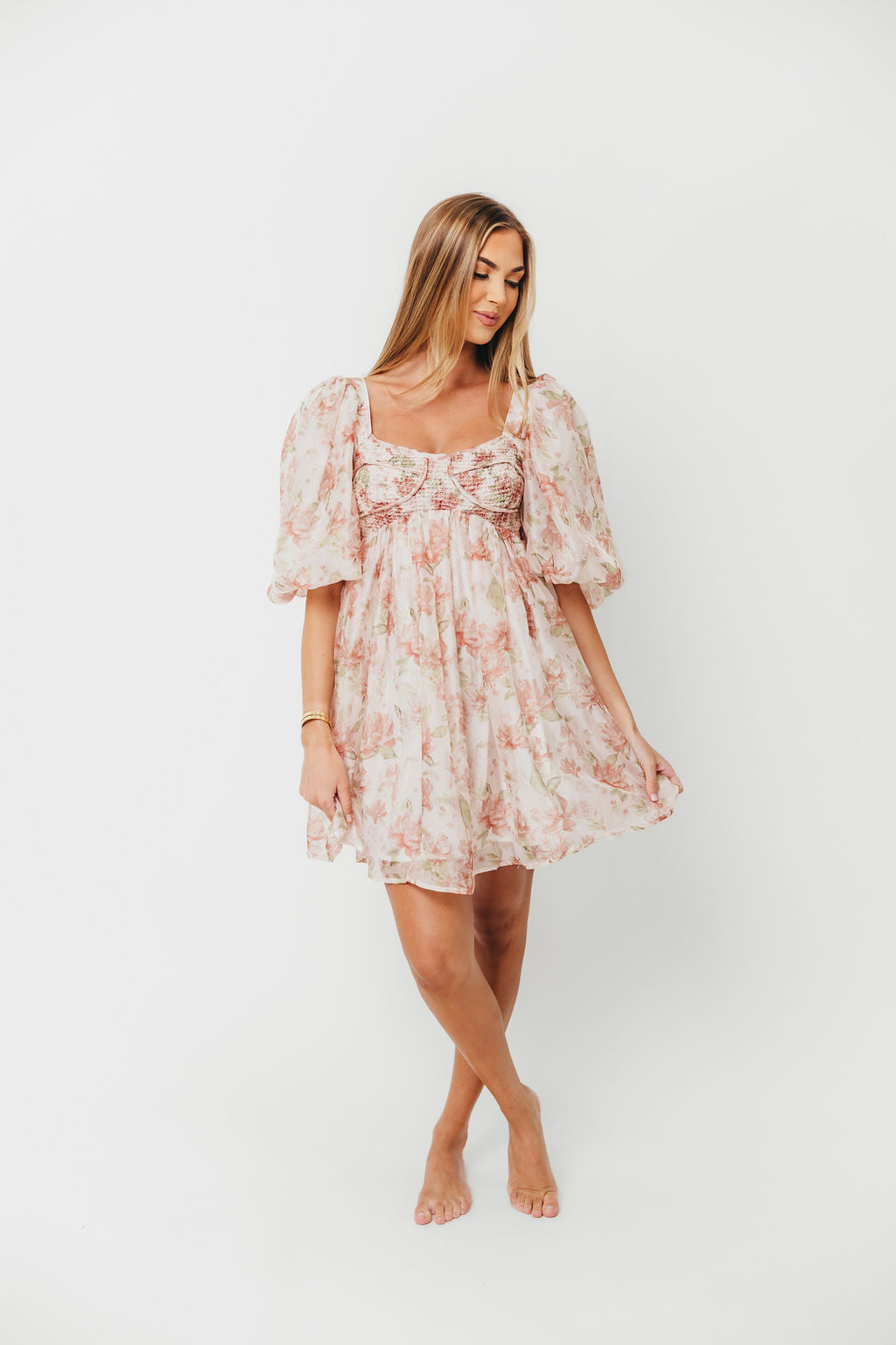 Saint Malo Floral Smocked Mini Dress in Peach