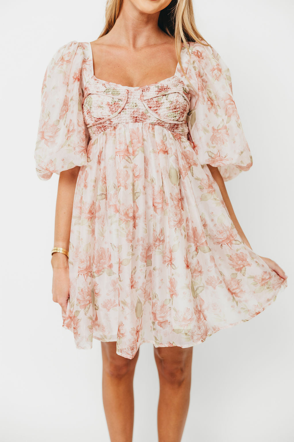 Saint Malo Floral Smocked Mini Dress in Peach