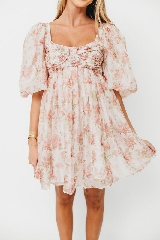 Saint Malo Floral Smocked Mini Dress in Peach