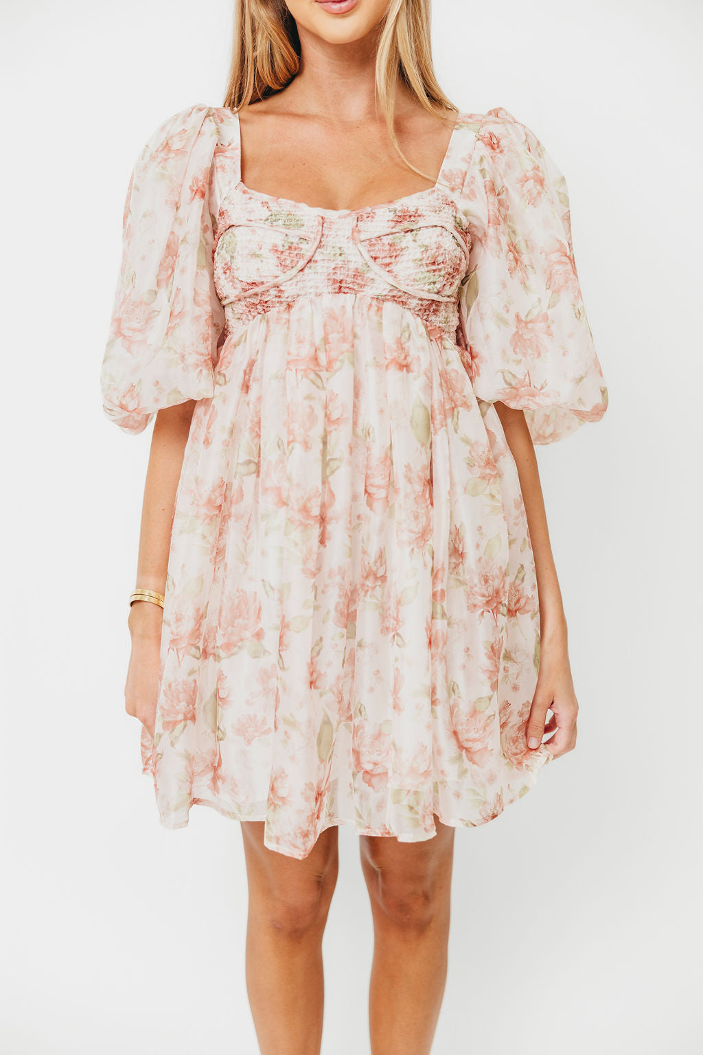 Saint Malo Floral Smocked Mini Dress in Peach
