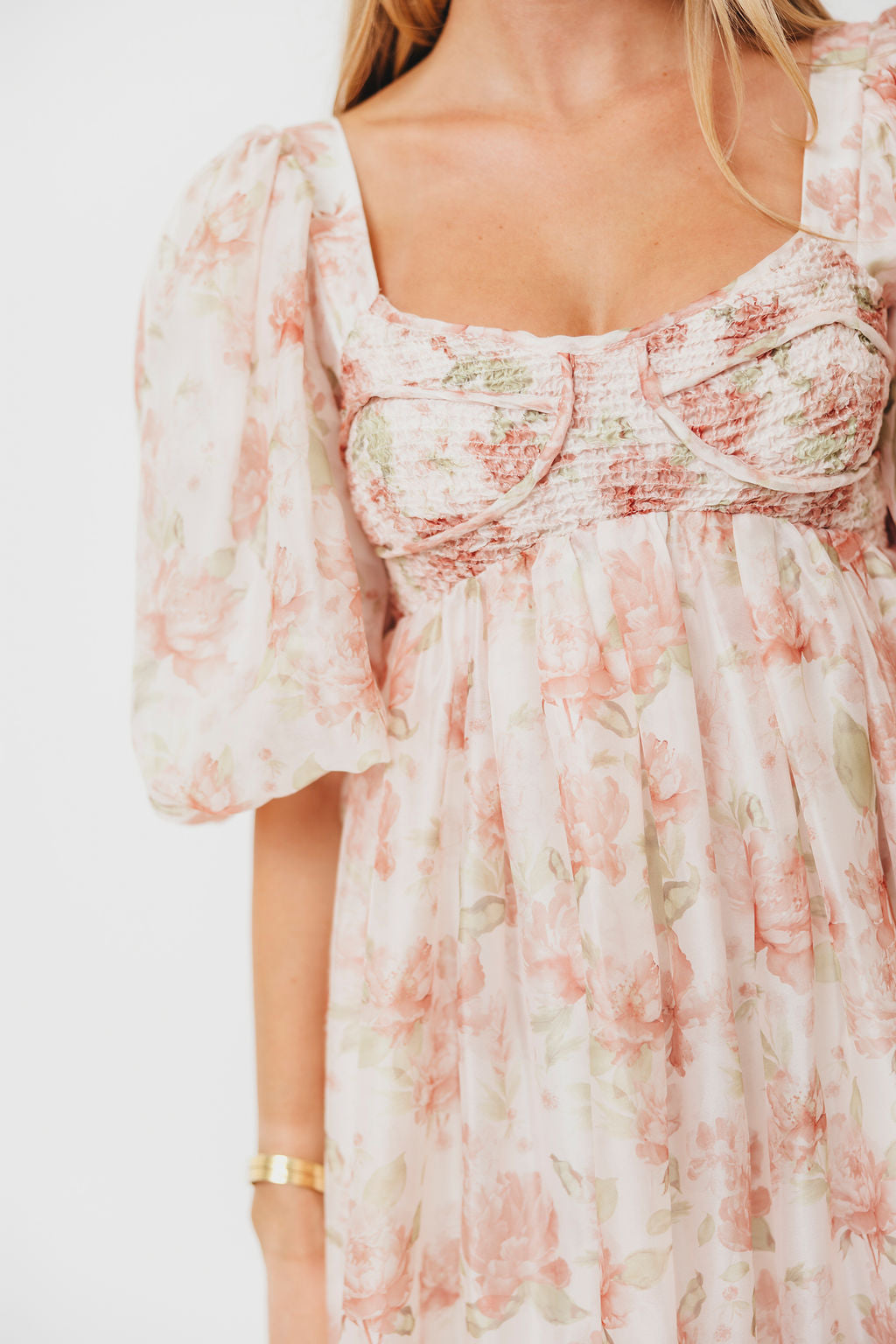Saint Malo Floral Smocked Mini Dress in Peach