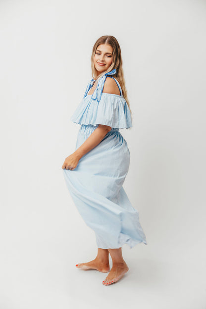 Aviva 100% Cotton Pleated Off-Shoulder Midi Dress in Light Blue