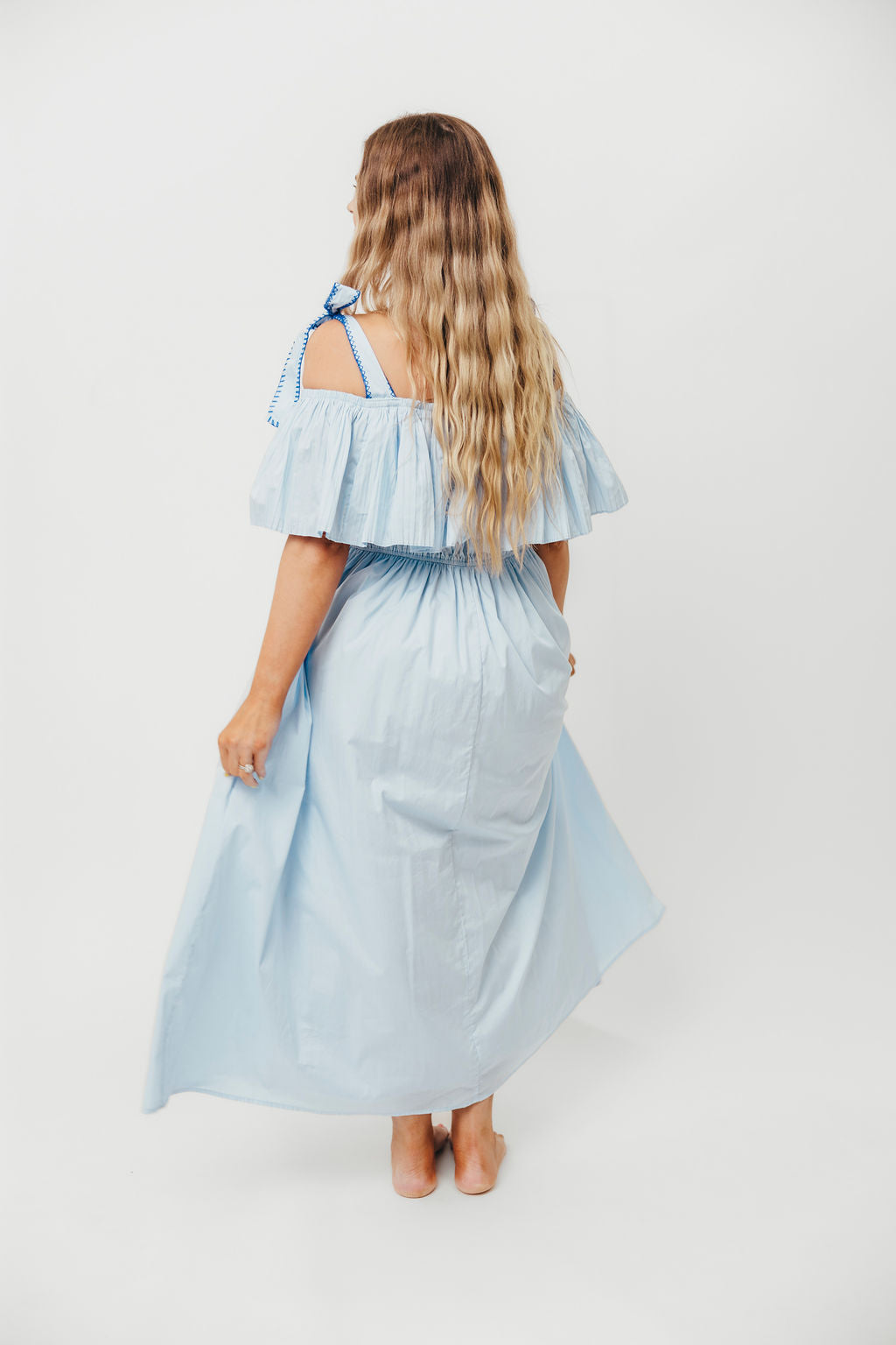 Aviva 100% Cotton Pleated Off-Shoulder Midi Dress in Light Blue