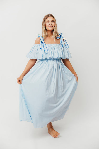 Aviva 100% Cotton Pleated Off-Shoulder Midi Dress in Light Blue