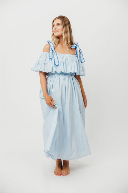 Aviva 100% Cotton Pleated Off-Shoulder Midi Dress in Light Blue