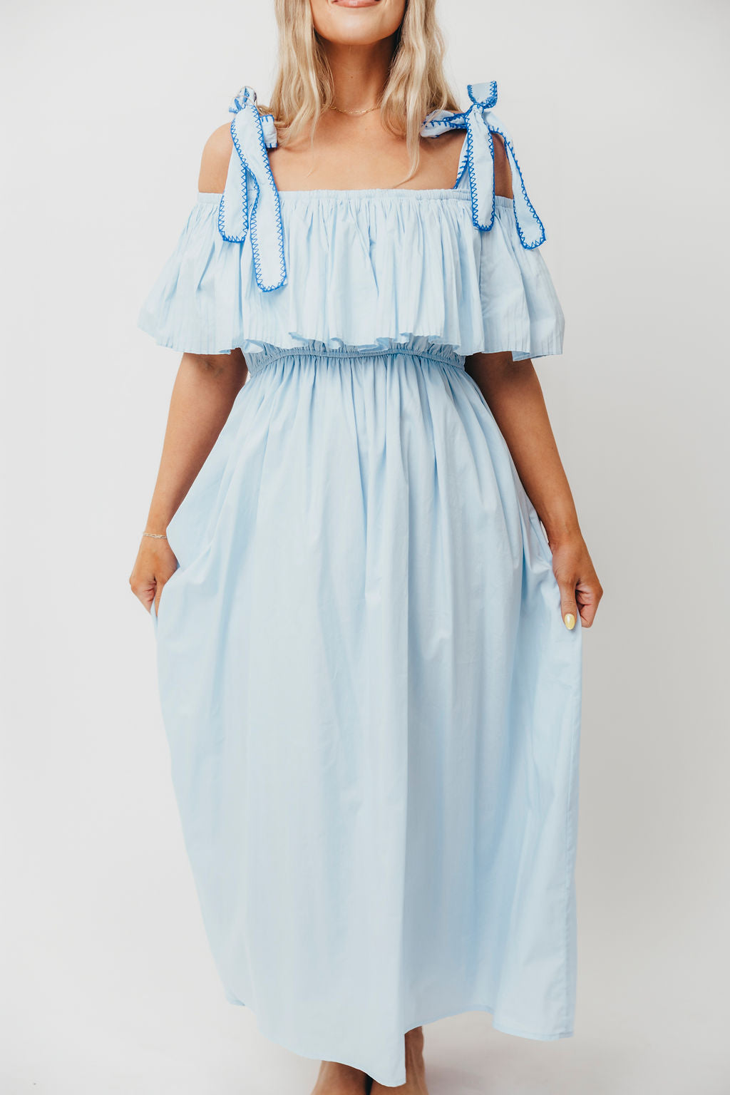 Aviva 100% Cotton Pleated Off-Shoulder Midi Dress in Light Blue