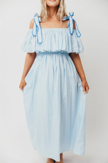 Aviva 100% Cotton Pleated Off-Shoulder Midi Dress in Light Blue